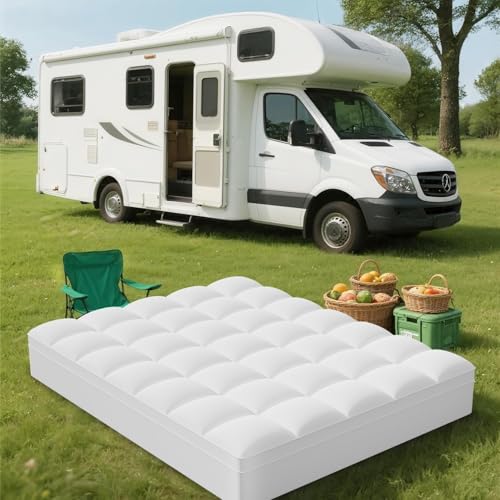 Image of ELEMUSE RV Short King Mattress Topper, Thick Pillow Top Mattress Pad | Overfilled down alternative filling adds plush comfort. Deep pocket design, fits for campers, motorhomes and trailers.