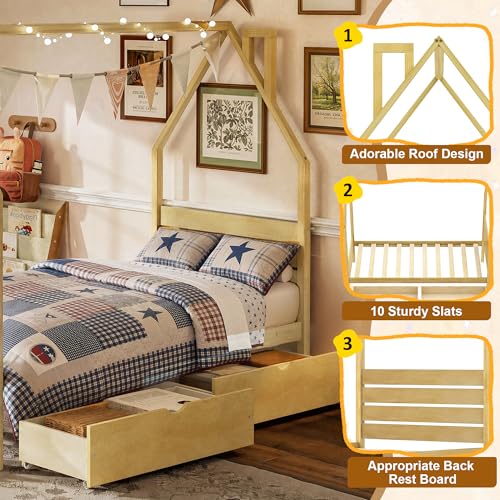 Image of Twin Size House-Shape Platform Bed with Headboard and 2 Storage Drawers, Montessori Wood Bed Frame with Roof and Chimney Design, No Box Spring Needed, Easy Assembly (Natural-06, Twin)