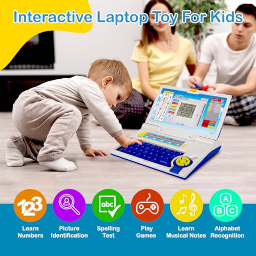Image of Gooyo GY-1110 Plug & Play Educational Laptop Toy with 20 Learning & Playing Activities | Blue | Dual Power Supply | USB Cable (Included) & 3xAA Battery (Not Included) | Gift Box Packaging