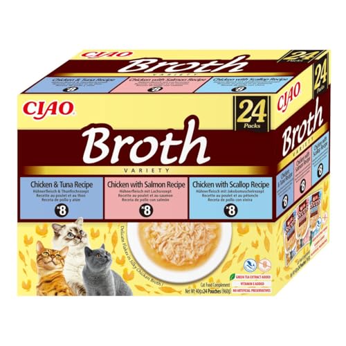 INABA Ciao Broth Friandises pour Chats à Base d'ingrédients de Haute qualité, Riches en humidité et en protéines, Faibles en Calories, sans céréales ni Sucre ajouté 40g (24 Paquets)
