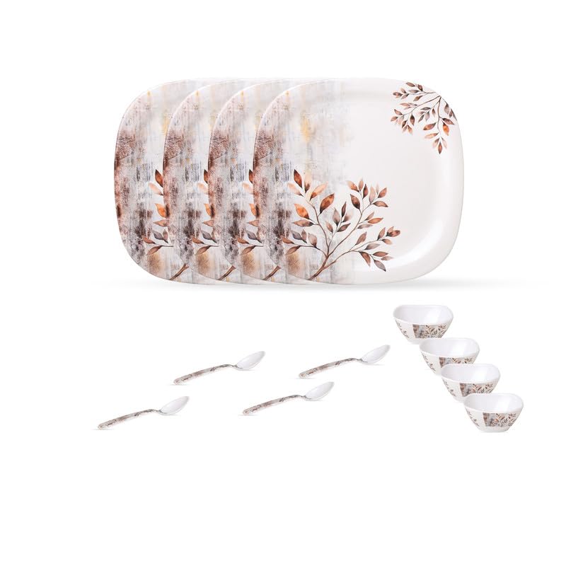 Image of Golden Fish 12 Pcs Individual Place Setting Dinner Set for 4 | 4 Full Plates, 4 Veg Bowls & 4 Eating Spoons | Ready-to-Serve Combo for Daily Meals, Home Dining & Practical Gifting