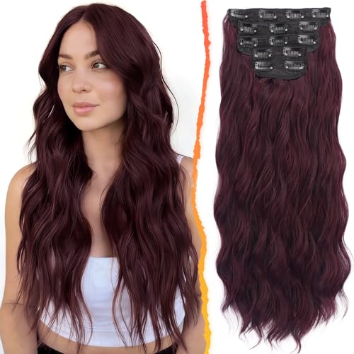 BARSDAR Dark Burgundy Wavy Clip in Hair Extensions - 20 Inch Long Wavy Clip in Hair Extensions for Women 5 PCS Soft Synthetic Natural Looking Burgundy Red Hairpieces Easy Wear Daily Party