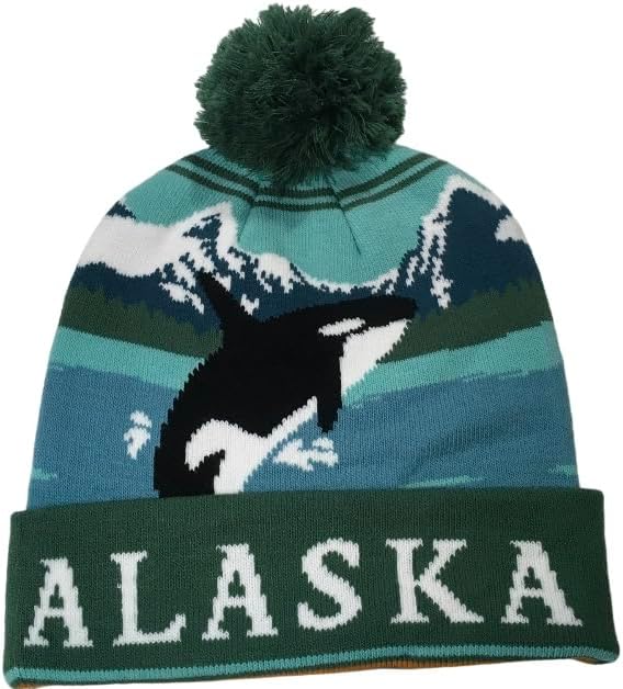 Alaska Beanie Knit Hat Orca Whale with Pom Pom Green Steel Blue White - Image 3