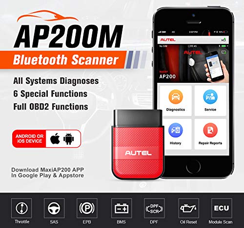 Autel AP200M OBD2 Scanner Bluetooth, OE-Level Full System Diagnostics, 6 Maintenance Services, Simplified AP200, Advanced Version of MD808, MD806, 1 Free Year Use