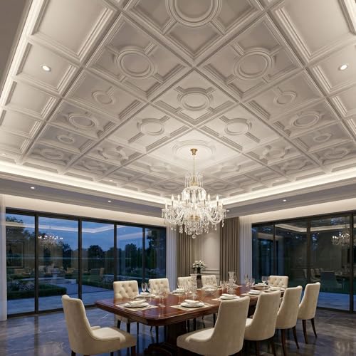 Image of Kayra Decor PVC Ceiling Panel 60x60 cm|Regal Medallion Design|White|25 Tiles Cover 100 Sq Ft| Modern False Ceiling|Royal & Elegant Finish