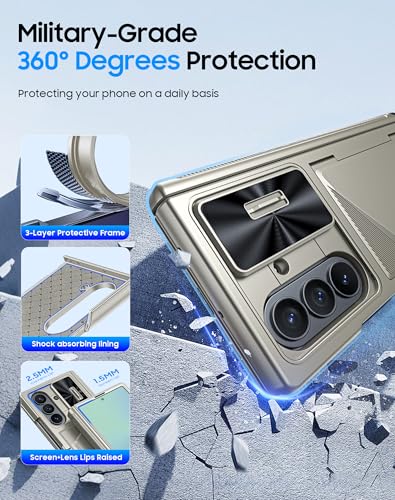Image of for Samsung Galaxy Z Fold 7 Case with Card Holder RFID Blocking, Built in Slide Lens Cover & Hinge Protection & Screen Protector, Shockproof Wallet Case for Z Fold 7 (Titanium Gold)