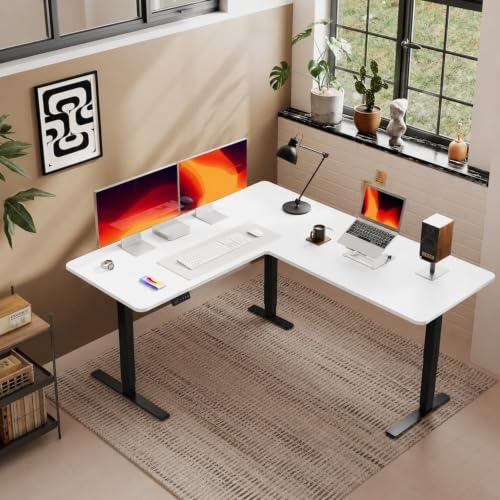 Image of TEKAVO Electric Standing Desk L Shaped Height Adjustable Workstation | Single Motor Sit Stand Desk for Home & Office | Ergonomic Study Table with Spacious Desktop I 160 Cm (White) I DIY