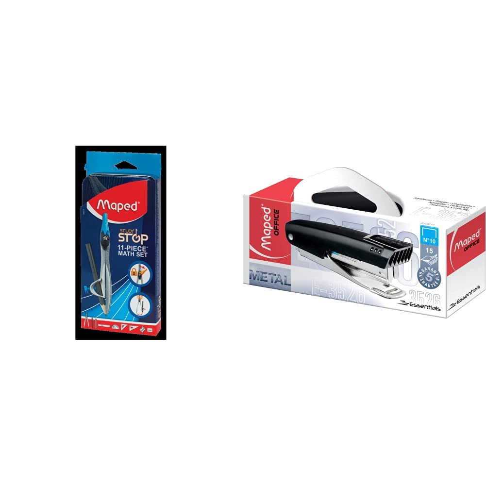 Maped Study Stop 11-Piece Math Set Geometry Box (195215) & Maped Stapler Essentials Pocket N°10 Box+Display (Black), Standard, (M352611)