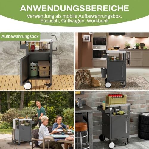 Wetterfester Edelstahl Grillwagen Outdoor Küche, großer Grilltisch 3-Etagen Küchentrolley mit wetterfestem Schrank, große Räder & 2 Lenkrollen, multifunktionaler Outdoor Küchen Servierwagen (46*46*88)
