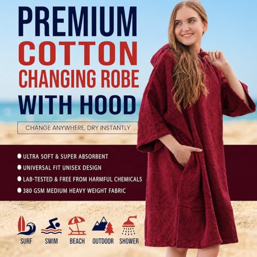 Image of ALLEN & MATE 100% Cotton Hooded Surf Poncho Changing Robe - Quick Absorbent Changing Towel with Pocket for Surfing Men Women