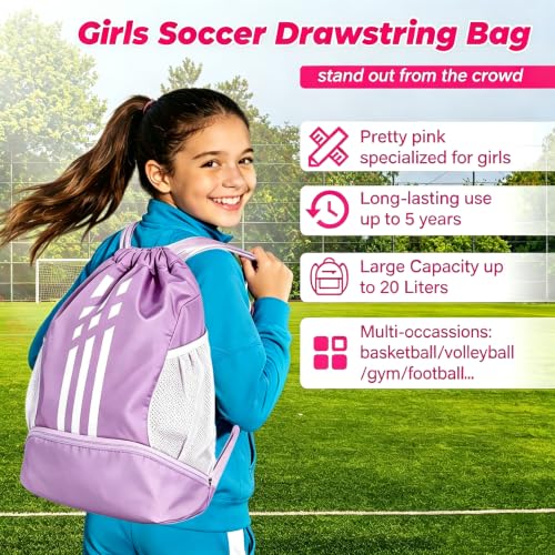 Image of Soccer Bag, Youth Soccer Basketball Bag with Compartments Drawstring Backpack for Football Volleyball Gym Training (Purple)