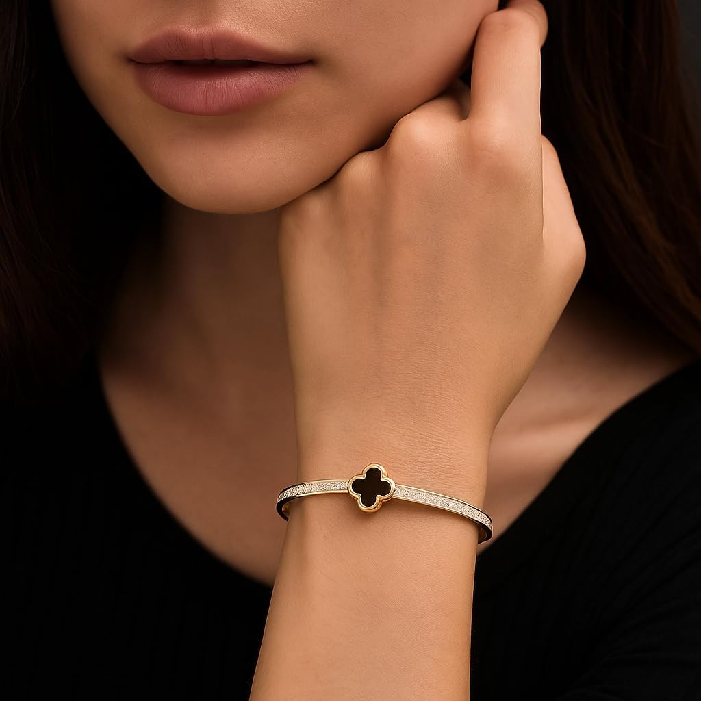 18K Gold Plated Black Clover Bangle Bracelet for Women with Black Enamel Center and CZ Accent Stones, Elegant Gold Cuff Bangle Bracelet, Polyreal Gold Lucky Clover Bracelets, Clover Charm Bracelet, Beautiful Holiday Gift Idea for Women
