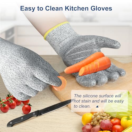 Image of Dowellife Level 5 Cut Resistant Gloves with Silicone Coating, Food Grade Kitchen Knife Safety Gloves, Work Gloves for Chef, Mandoline Oyster Shucking Meat Cutting Wood Carving (Gray Small)