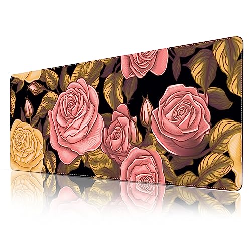ProbTis Cute Flower Mouse Pad, Large Floral Desk Mat, XL Rose Gold Gaming Keyboard Mat, Stitched Edges Rubber Base, Big Extended Desk Protector for Home Office, 31.5”x11.8” (Pink Rose Flower)