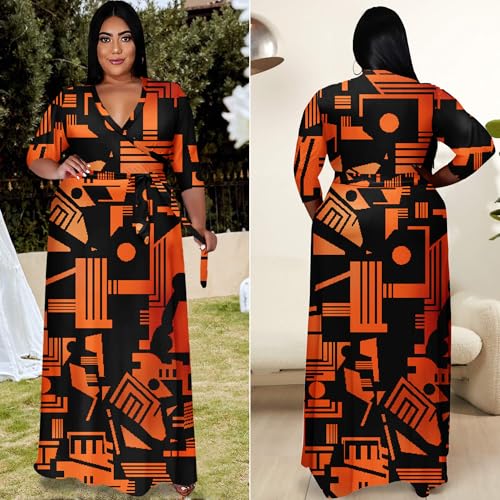 Image of Runwind Plus Size Dresses for Women Floral Maxi Dress Flowy 3 /4 Sleeve with Belt