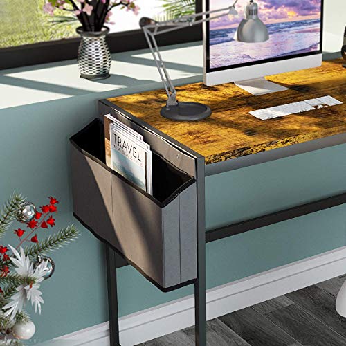 Image of Small Computer Desk for Small Spaces with Storage Bag 4 Hanging Hooks, 39.4x19.7x29.9 inches Modern Rustic Desk Wooden Tabletop and Metal Leg Writing Table for Student Office PC Gaming Sewing Table