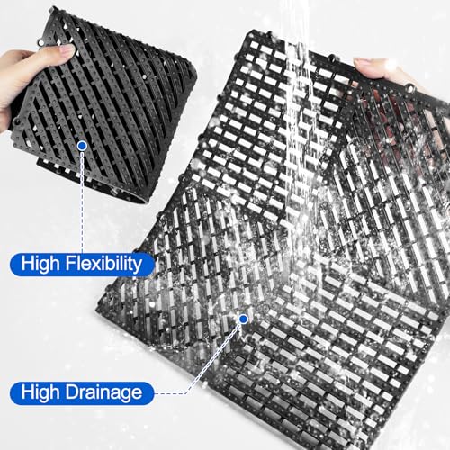 Image of ToLanbbt Modular Interlocking Cushion 12P 11.8 inch x 11.8 inch Interlocking Rubber Floor Drain Holes Non-Slip Splicing Drainage Mats for Deck, Shower, Kitchen, Drain Pool, Sauna Bath (Black, 1 Rows Dots)