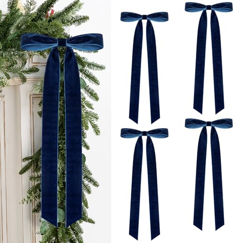 4 Pcs Rustic Large Velvet Bows Christmas Decorations - 23.6 x 8.66 Inch Vintage Ribbon Bow for Xmas Tree Topper Wreath Garland Fireplace Mantel Staircase Wedding Home Decor (4 Navy Blue)