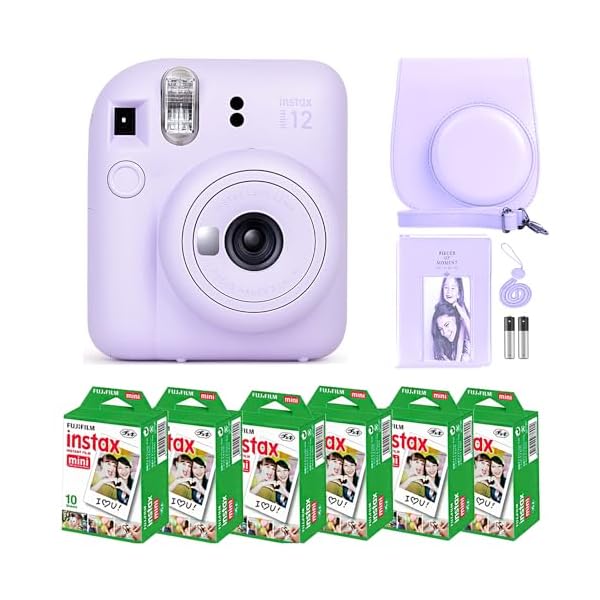 Fujifilm Instax Mini 12 Camera with Fujifilm Instant Mini Film (60 Sheets) Bundle with Deals Number One Accessories Including Carrying Case, Photo Album, Stickers (Lilac Purple)