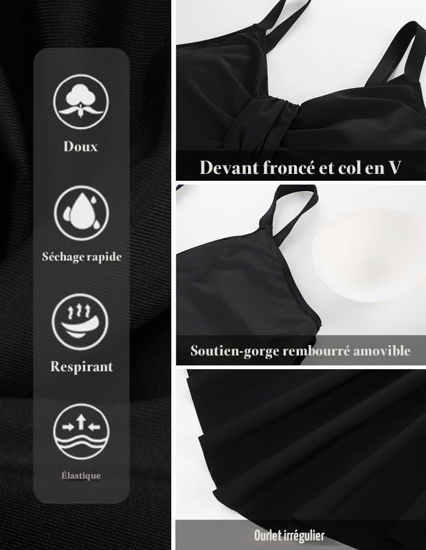 Hanna Nikole Robe de bain une pièce pour femme, grande taille, maillot de bain gainant, maillot de bain à volants, mode de plage doux avec short de bain et bandoulière réglable, Noir , 54 grande