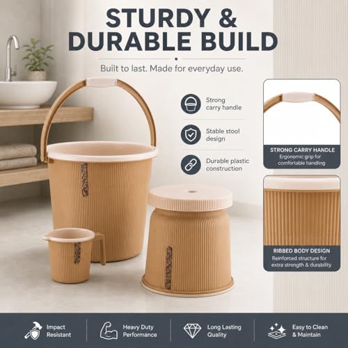 Image of Plastic Bathroom Set with Mug Patla /Stool | Bath Accessory Set (25 Liter Bucket+ 1 Liter Mug+Big Stool) (Light Brown)