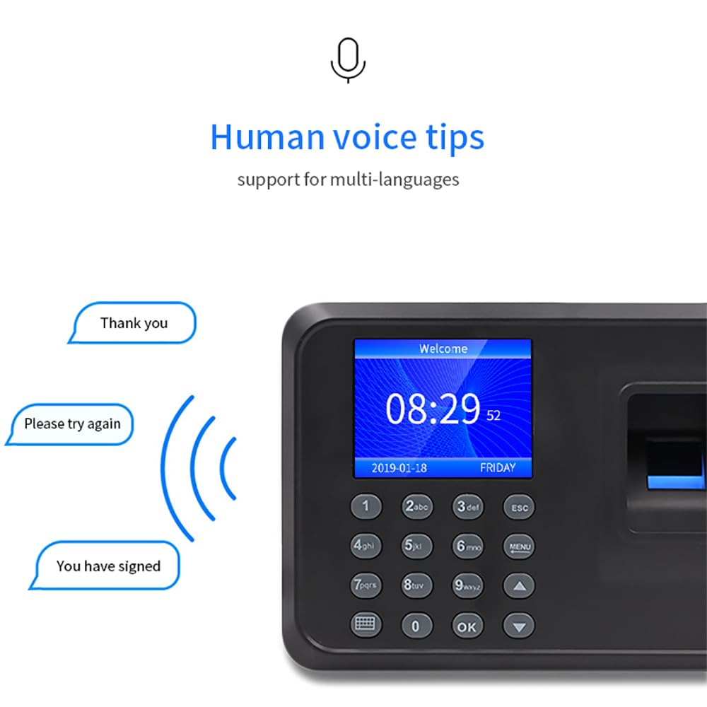 TsoLay Registratore per Il Check-in dei Dipendenti, Registratore di Presenza con Schermo da 2,4 Pollici, Registratore di Presenza 2 in 1 con Impronta Digitale E Password, Comandi Vocali, Generazione