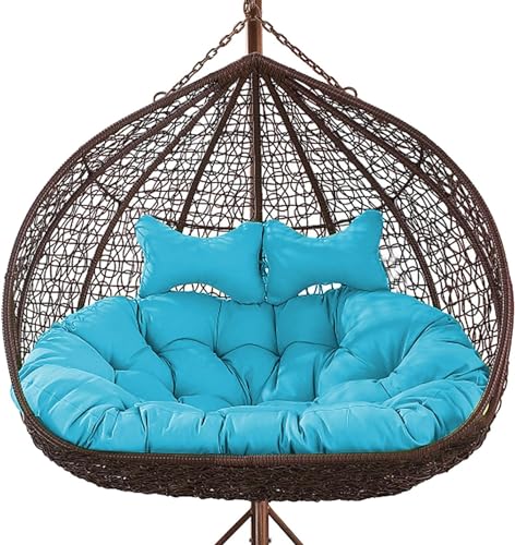 Outdoor Swing Cushion Double Egg Chair Cushion with Pillow 2 Seats Waterproof Removable Thickened Hanging Mattress Replacement with Pillow for Home Reading Balcony Backyard (Color : Blue)