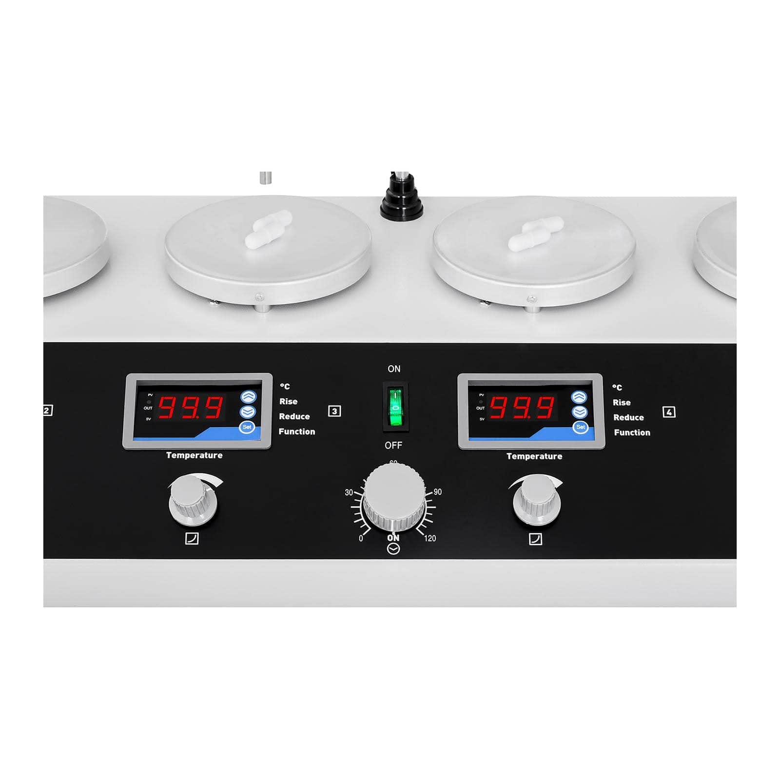 Steinberg Systems Mieszadło magnetyczne z płytą grzejną SBS-MR-1600/6 (6 płyt o średnicy 12 cm, 5-99°C, 1000 ml, timer 120 min, 870 W, 1600 obr./min, w zestawie 12 magnetycznych prętów do mieszania)