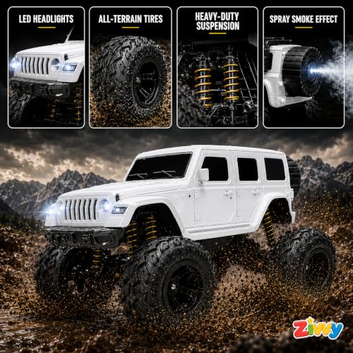 Image of Big White Remote Control Car Toy | Thar Roxx | Smoke and LED Light | Monster Truck Remote Control 4x4 | Rechargeable Car | 2.4G Remote Control | High Speed | 100m Range | Birthday Gift for Kids
