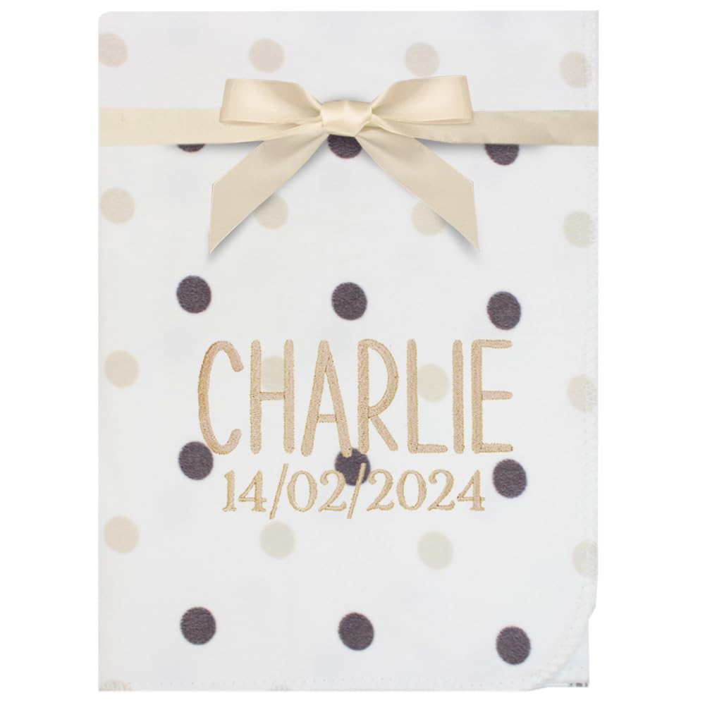 TeddyT's Personalised Name & Date White Polka Dot Spotty Fleece Baby Blanket