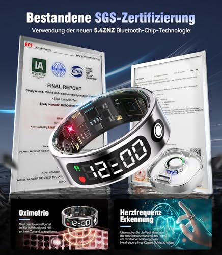 Image of 7.0 Smart Ring with LED Screen【5ATM Waterproof】【5.3+EDR Technology - 0.1%± Error】 Smart Ring for Men and Women to Monitor Sleep, Heart Rate, Silver 13#