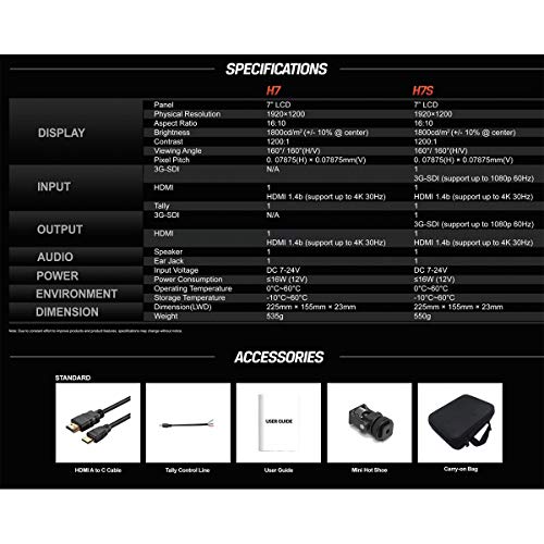 Lilliput H7S 7 Inch 1800 Nits High Brightness Sdi 4K Hdmi Input Tally Field Monitor Dslr On-Camera Hdr Video Monitor #TOP6