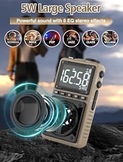 Bluetooth AM FM Shortwave Radio with NOAA Weather Alert,1250mAh Rechargeable Portable Pocket Radio with Best Reception,5W Big Speaker, Digital Tuner and Earphone,Support SD Card and USB Player（Brown）
