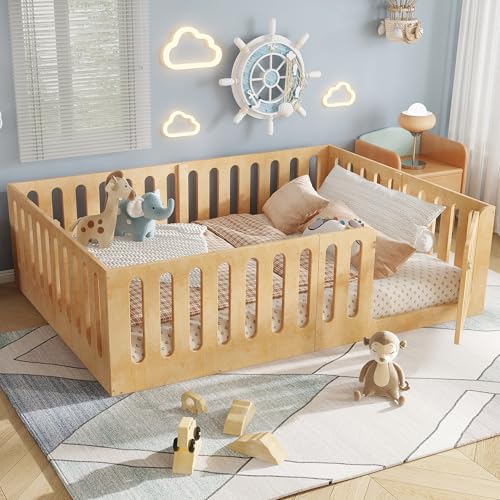 Image of Bellemave Queen Size Kids Montessori Floor Bed,Queen Size Floor Bed Frame with High Fence and Door,Solid Wood Montessori Bed for Girls Boys,Natural