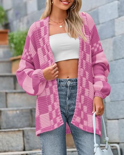 Image of BTFBM Casual Cardigan Sweater for Women Fall 2026 Long Sleeve Open Front Chunky Knit Sweaters Checkered Outwear Coat