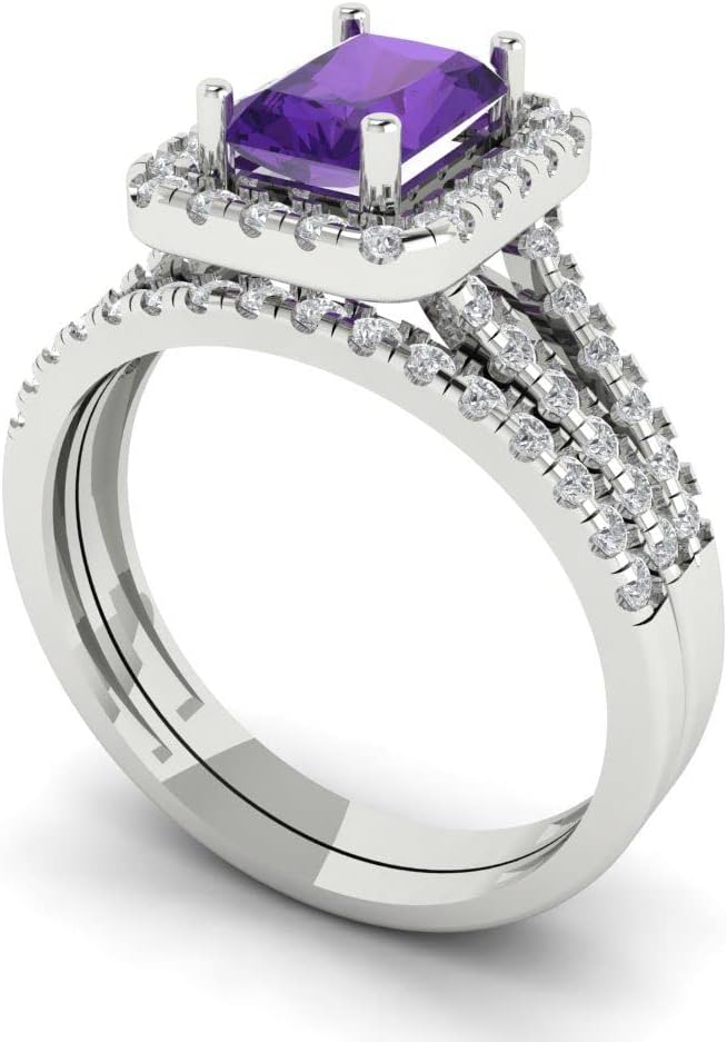 Clara Pucci 14K White Gold Wedding Band Set for Women - Amethyst Wedding Ring & Simulated Diamond Wedding Band (1.72 cttw, Emerald Cut)