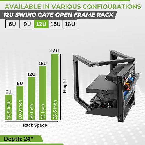 Image of NavePoint 12U Wall Mount Server Rack - Swing Gate Open Frame for 19-Inch IT Equipment - Network Rack for AV & Server Equipment, 24 inch Deep, Black