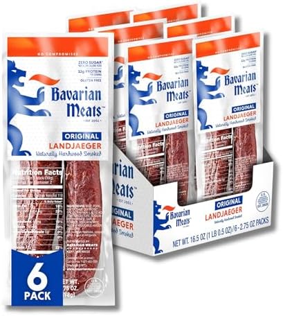 Bavarian Meats Landjaeger Meat Sticks, Smoked Sausage Protein Snacks, Zero Sugar, Great Source of Protein, Gluten Free, Keto Friendly Low Carb Snack, 2.75 Ounce (Pack of 6)