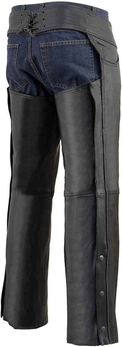 Milwaukee Leather Chaps for Men's Black Thin Braided Premium Leather Jean Style Pocket Motorcycle Chaps-ML1125