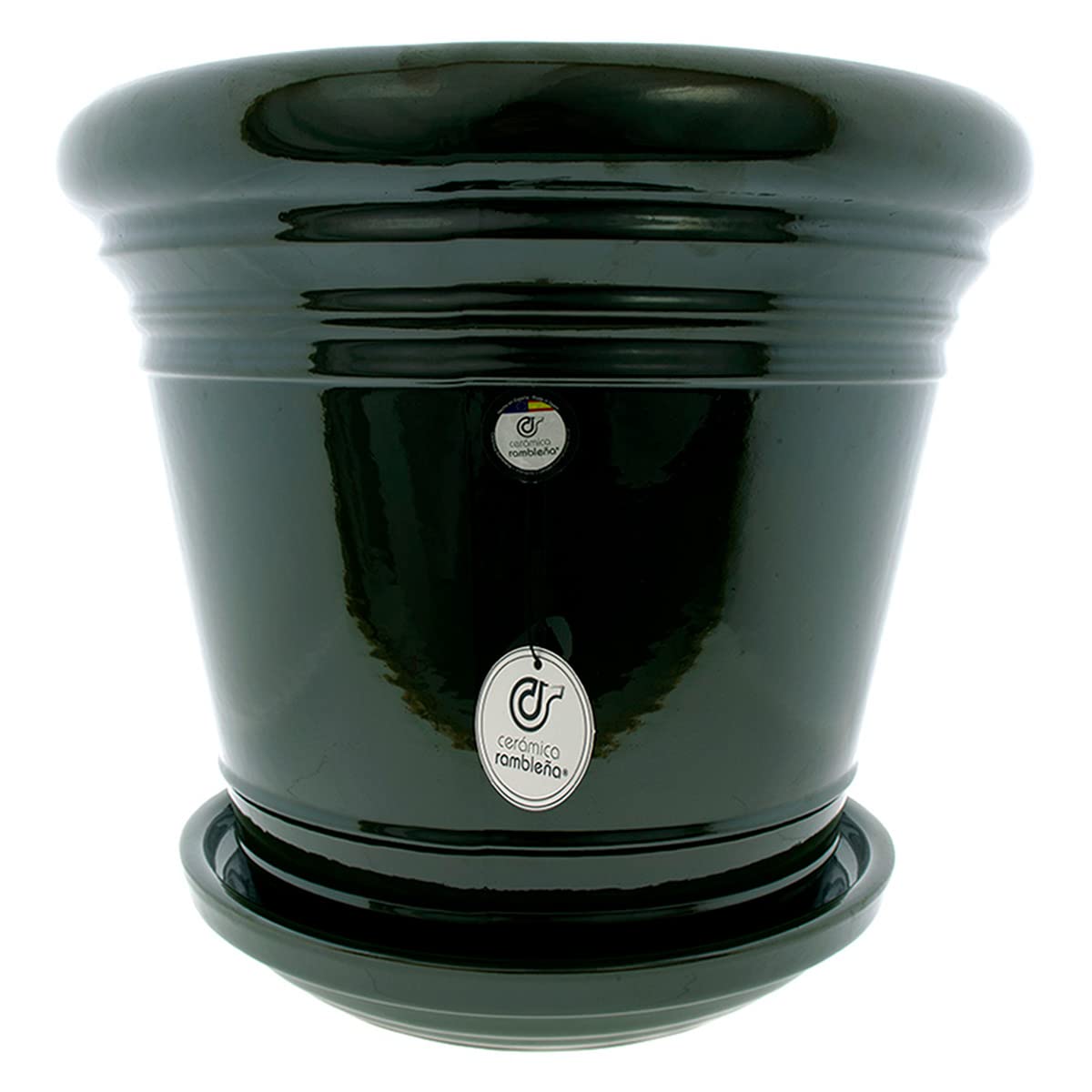 CERÁMICA RAMBLEÑA | Maceta Grande | Maceta Original | Maceta Exterior | Maceta Pintada rambleña - Verde Cobre - Modelo D121 | 35x35x34 cm | Plato Incluido