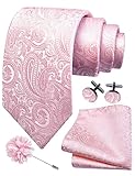 GUSLESON Light Pink Tie for Men Wedding Silk Paisley Necktie Pocket Square Cufflinks and Lapel Pin Brooch Set (IN6103-30)
