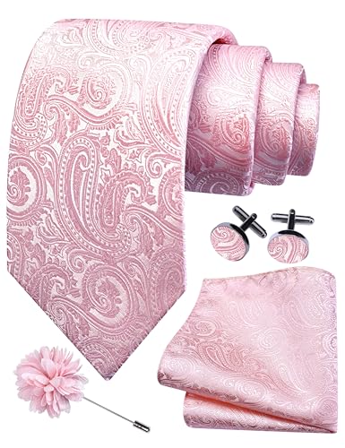 Image of Gusleson Light Pink Tie for Men Wedding Silk Paisley Necktie Pocket Square Cufflinks and Lapel Pin Brooch Set (UK6103-30)