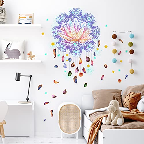 Maydahui Mandala Lotus Vinyl Wall Stickers Dream Catcher Feather Wall Art Decals (35 X 28 Inch) Peel & Stick Removable Colorful Boho Lotus Mural Decor For Bedroom Living Room Nursery Kids Room #TOP2