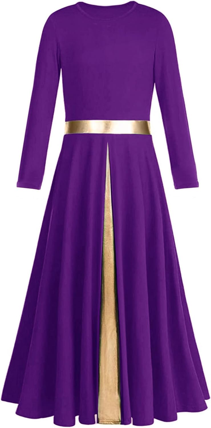 Girls Long Sleeve Praise Dance Dress Metallic Gold Liturgical Worship Costume Lyrical Costumes Church Robe