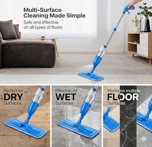 Image of Spray Mop for Floor Cleaning with Refillable Water Tank, Washable Microfiber Pad & Stainless Steel Handle | Flat Wet Mop for Tile, Marble, Wooden & Laminate Floors | Blue