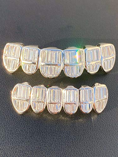 Solid 925 Sterling Silver Real Baguette Grillz - Iced Baguette CZ - Custom Top & Bottom Grills For Teeth - Real Solid Silver NOT Plated2