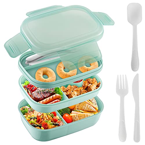 KEPEAK Fiambrera infantil con compartimentos, Bento Box a prueba de fugas, fiambrera con 3 compartimentos, ideal para almuerzos o aperitivos en la escuela/parque, sin BPA (1900 ml), color verde claro Cover
