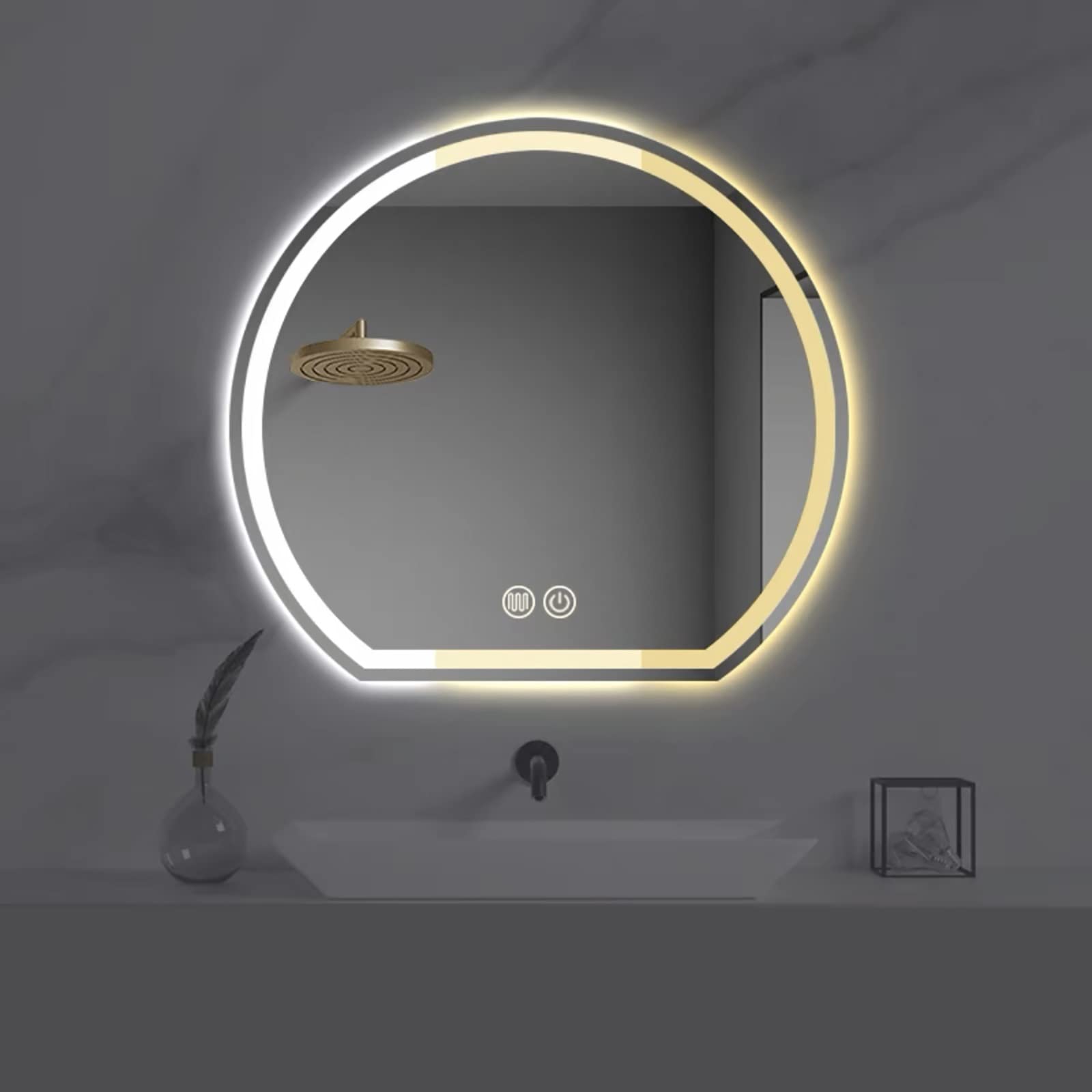 Lustro kosmetyczne, 60X60 CM, Łazienka Półokrągłe lustro wiszące na ścianę, z przyciskiem dotykowym 3-kolorowe światło Możliwość przyciemniania Lusterko do makijażu przeciwmgielne, nietłukące, do prze