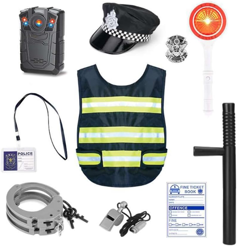 AMERTEER Police Officer Costume For Kids - Complete Role Play Kit With Police Badge, Handcuffs, Flashlight, Perfect For Kids Policeman Dress, Ideal For Halloween, Birthday Parties, and Pretend Play