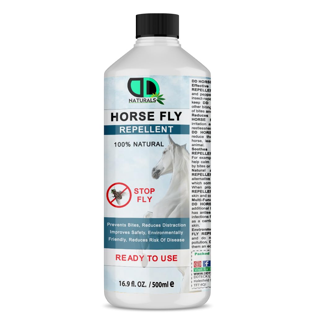DD Teck Horse Fly Repellent with essential oil – 100% Natural, DEET-Free, Safe for Skin – Protects Horses & Ponies from Flies, Midges & Horseflies, Multipurpose Use (500ml)